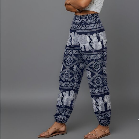 Boho Elephant Print Carrot Pants Blue - Picture 1 of 5